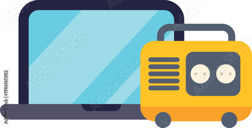 Illustration of a portable generator powering a laptop, symbolizing backup energy and technology