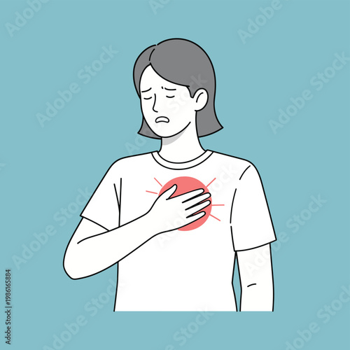 A woman clutches her chest in pain, possibly experiencing a heart attack. Simple line drawing on a blue background.