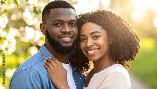 Smiling couple poses outdoors with sunlight filtering through spring blossoms