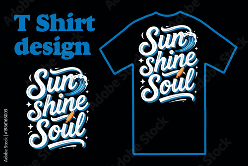 Sunshine Soul vintage typography t-shirt design, retro summer surf lettering with ocean wave, blue and white apparel graphic on black background
