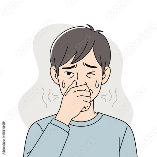 A man is covering his nose with his hand, indicating he is experiencing a bad smell or odor. He is sweating and looks disgusted.