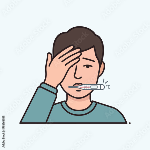 Illustration of a person feeling unwell, holding their forehead, and measuring their temperature with a thermometer in their mouth, indicating a fever.