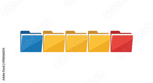 A sequence of five colorful office file folders including blue yellow and red shades are neatly organized in a horizontal row against a white background.