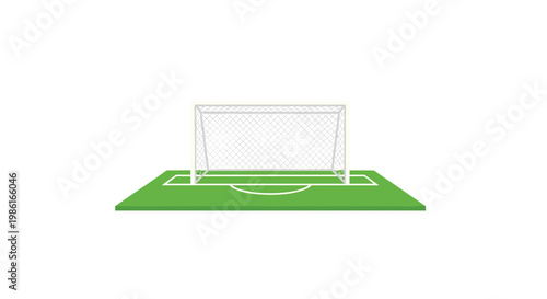 A pristine white soccer goal with a detailed mesh net stands perfectly centered on a vibrant green grass pitch under bright even studio lighting.