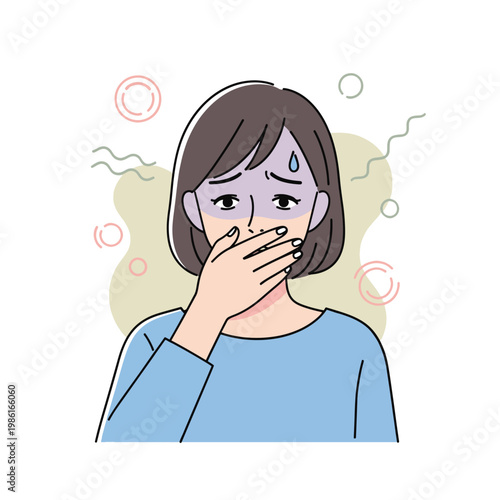 Illustration of a woman with short brown hair, looking unwell and nauseous, covering her mouth with her hand, indicating sickness or discomfort.
