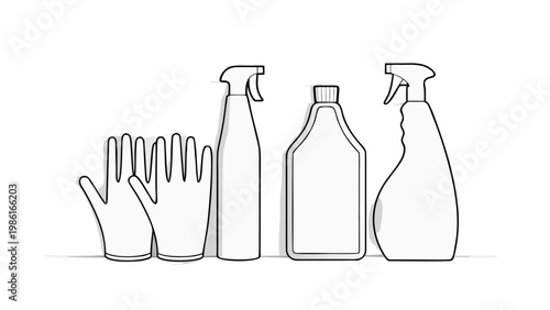Collection of cleaning supplies including spray bottles and protective gloves arranged neatly against a plain white background representing household hygiene and sanitation