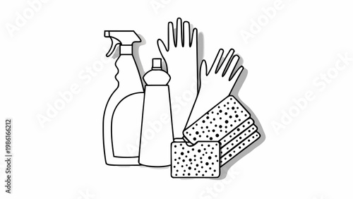 Collection of essential household cleaning supplies including a spray bottle detergent bottle rubber gloves and sponges presented as a clean modern line art illustration