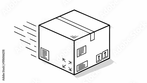 Isometric outline of a cardboard shipping box with a blank delivery label and shipping symbols moving quickly with motion lines and a subtle shadow representing logistics and e