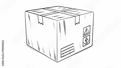 Simple line art illustration of a closed cardboard shipping box with tape and handling symbols ready for delivery and logistics isolated on a white background representing e