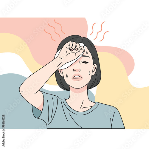 Illustration of a woman with a hand on her forehead, sweating and feeling hot, possibly experiencing a hot flash or fever. She looks uncomfortable and flushed.