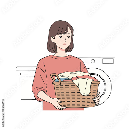 Illustration of a woman holding a laundry basket filled with clothes in front of a washing machine, depicting a domestic scene.