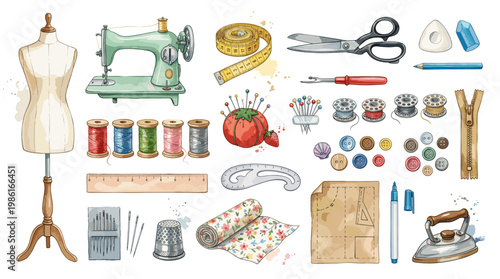 Fashion tailoring vector set with dress form, sewing machine, thread spools, scissors, iron, pincushion, tape measure and sewing accessories isolated on white
