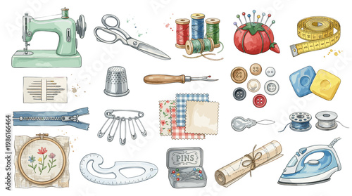 Vintage sewing tools vector set with sewing machine, thread spools, pincushion, scissors, thimble, iron, zipper, buttons and tailoring accessories isolated on white