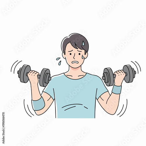 A man is struggling to lift dumbbells, showing signs of effort with sweat and a strained expression. He is wearing wristbands and a light blue t-shirt.