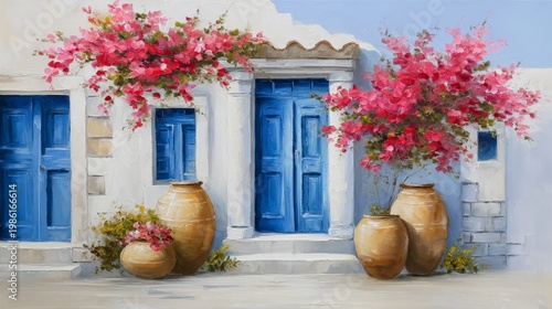 Bright flowers and clay pots decorate blue doors in a sunny village scene