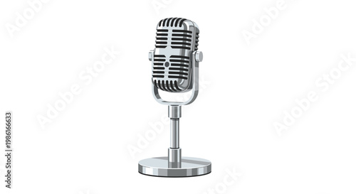 A polished silver vintage microphone stands prominently on a reflective metallic base against a clean white background with sharp professional studio lighting.