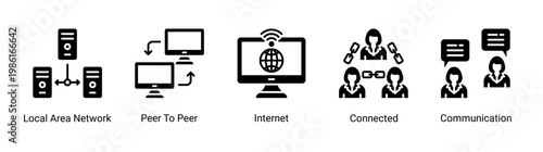 Network flow icon set featuring connection,internet,and communication systems.Suitable for networking and digital communication visuals.