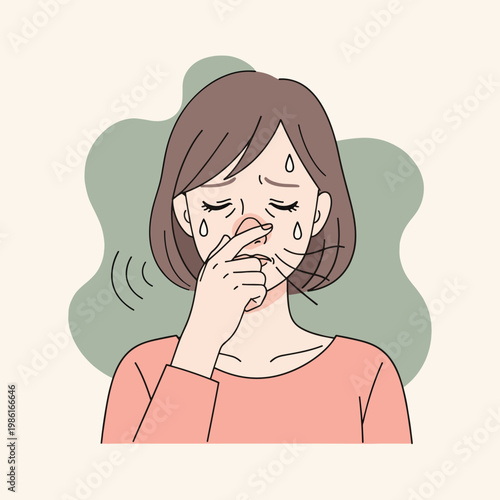 Illustration of a woman with short brown hair, holding her nose and crying, indicating she is experiencing a strong, unpleasant smell. Her eyes are closed and tears are falling.