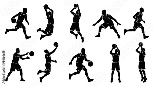 10 Man Playing Basketball Silhouette Vector Pack – Sport Action & Street Style SVG Collection