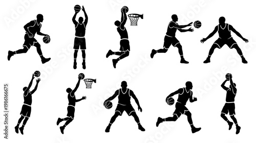 10 Man Playing Basketball Silhouette Vector Pack – Sport Action & Street Style SVG Collection