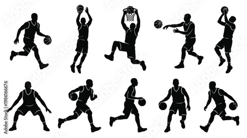 10 Man Playing Basketball Silhouette Vector Pack – Sport Action & Street Style SVG Collection