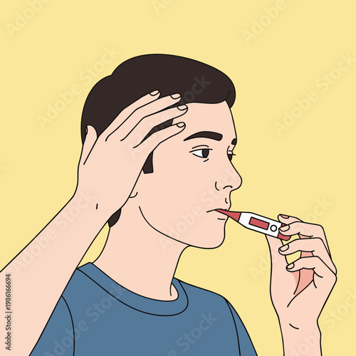 Illustration of a man holding a thermometer in his mouth, checking his temperature and touching his forehead, possibly feeling sick or unwell.