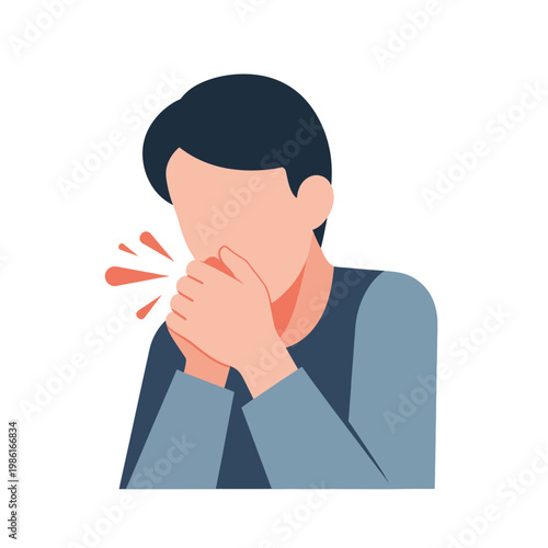 Illustration of a person coughing into their hands, representing illness, respiratory issues, and the spread of germs.