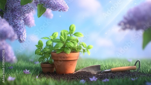 Garden scene with potted plants and tools beside blooming lilac flowers in sunlight during spring morning