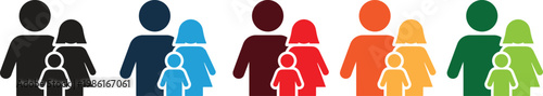 Family icon set with multi colored people silhouettes showing parents and child together.