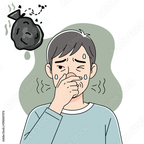 A man is holding his nose, reacting to a bad smell coming from a garbage bag. He is sweating and looks disgusted.