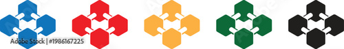 Hexagon block chain link pattern icons in blue red yellow green and black color options.