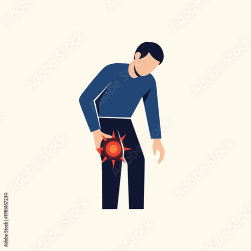 Illustration of a man holding his knee in pain, indicating joint inflammation or injury. Concept for health, medical issues, and body pain.