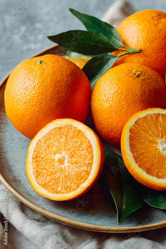front view fresh sliced orange on dark background ripe mellow fruit juice color citrus tree citrus, Whole and sliced ripe oranges placed on marble background, half orange fruit.