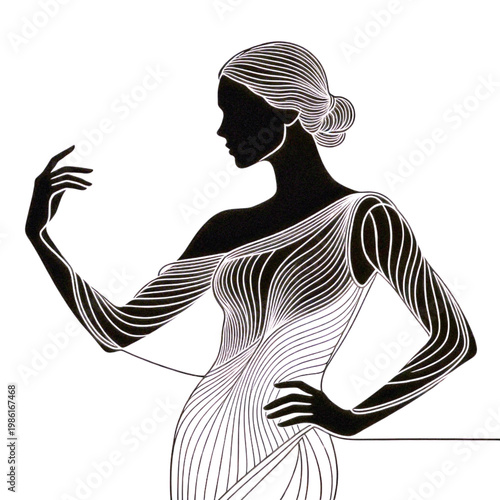 The glowing silhouette of an elegant woman in a dress made of neon lines
