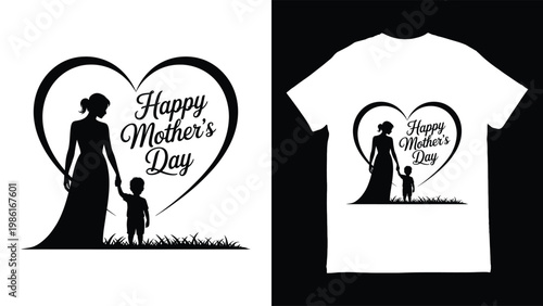 Mothers Day tshirt design with heart and mother child silhouette graphic