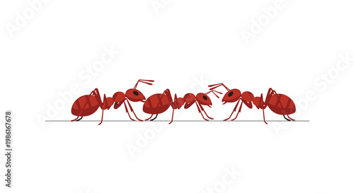 A trio of meticulous red ants with dark eyes and segmented bodies are marching in a single file line across a minimalist grey horizontal plane.