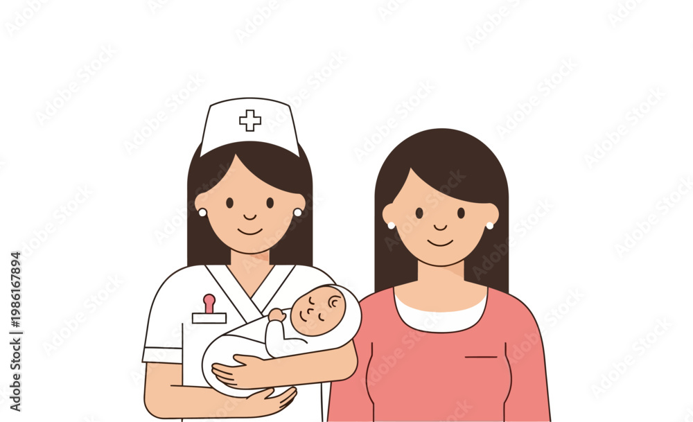 Fototapeta premium Illustration of a healthcare professional holding a newborn baby, with the proud mother standing close by, depicting the joyful moments of birth and early parenthood