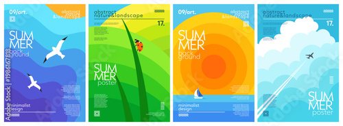 Set of nature landscape summer backgrounds with sea or ocean and seagull, grass and ladybug, sun and yacht, clouds and airplane. Simple gradient geometric design for cover, poster, banner