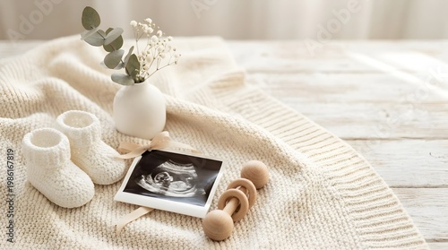 Baby Ultrasound Photo with Knitted Booties and Wooden Rattle on Soft Blanket Background