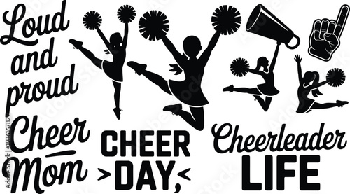Cheerleading graphics with silhouettes and motivational text for cheer mom and cheerleader life