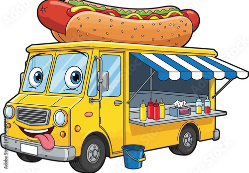 A cartoon hot dog food truck with a giant hot dog on top