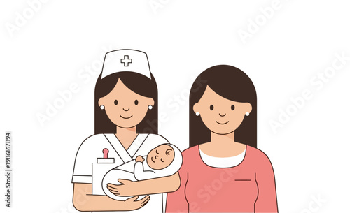 Illustration of a healthcare professional holding a newborn baby, with the proud mother standing close by, depicting the joyful moments of birth and early parenthood