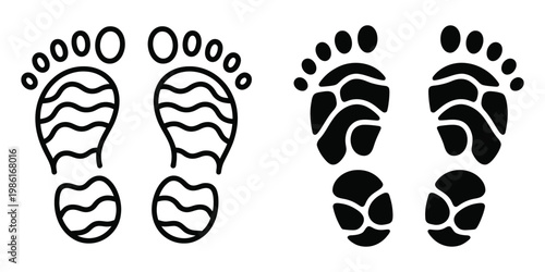 Shoe print icon symbols, clean solid and outline vector set featuring shoe sole imprints and footprint icons for forensic tracking