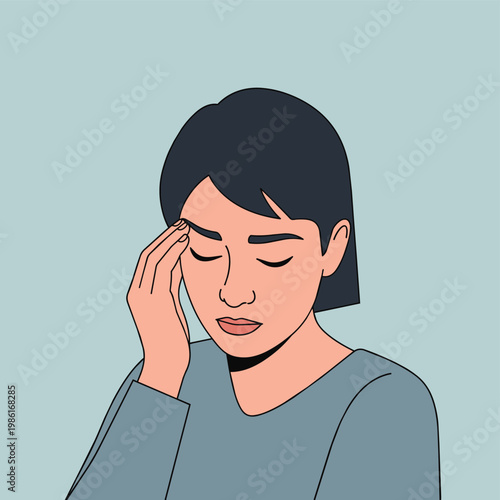 A woman with short dark hair is depicted with her eyes closed, touching her forehead, possibly indicating a headache, stress, or discomfort. She wears a gray shirt and has a concerned expression.