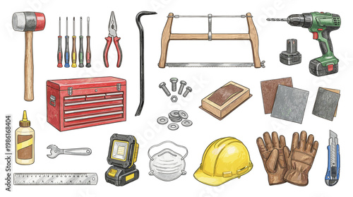 Construction tools and safety equipment set with hammer, drill, screwdriver, toolbox, helmet, gloves, wrench and workbench in hand drawn vector style.