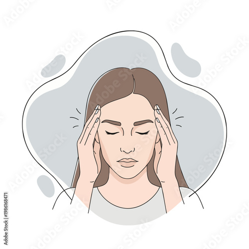 Illustration of a woman with a headache, touching her temples, indicating pain and discomfort. The image conveys stress, migraine, or tension.