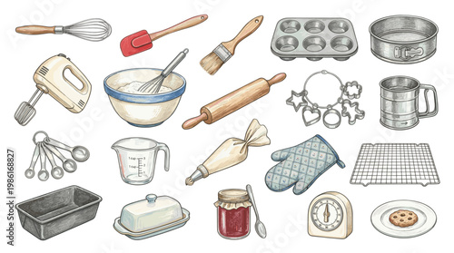 Baking tools and pastry utensils set with whisk, rolling pin, muffin tray, measuring cup, spatula, timer and oven mitt in hand drawn vector style.