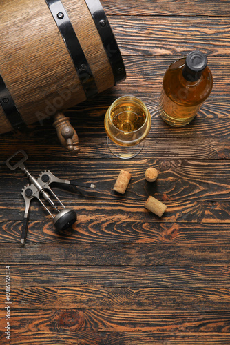 Oak barrel, bottle and glas...