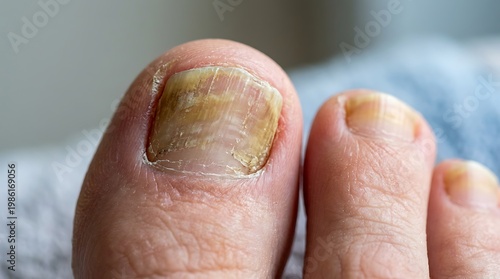 close up of a foot with a fungal toenail infection on the big toe with discolored and deformed nail plate