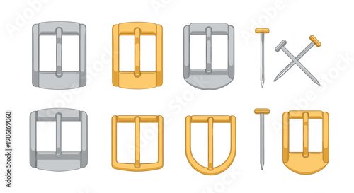 A diverse collection of polished silver and gold metal belt buckles and sharp pins is neatly arranged across a clean white background in bright light.